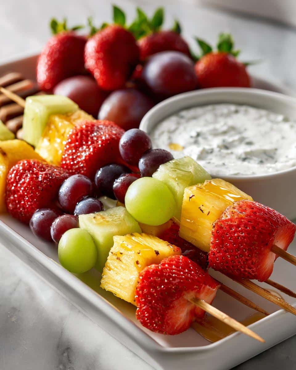 Close-up of vibrant fruit skewers featuring strawberries, pineapple, grapes, and melon, served with a creamy Boo Dip.