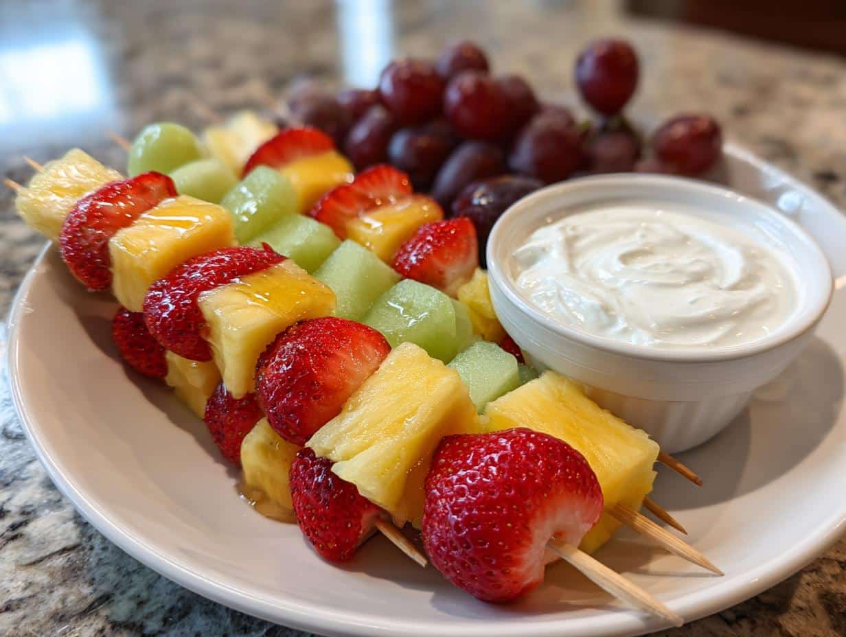 Colorful fruit skewers with strawberries, pineapple, and melon, served with a creamy Boo Dip and grapes.