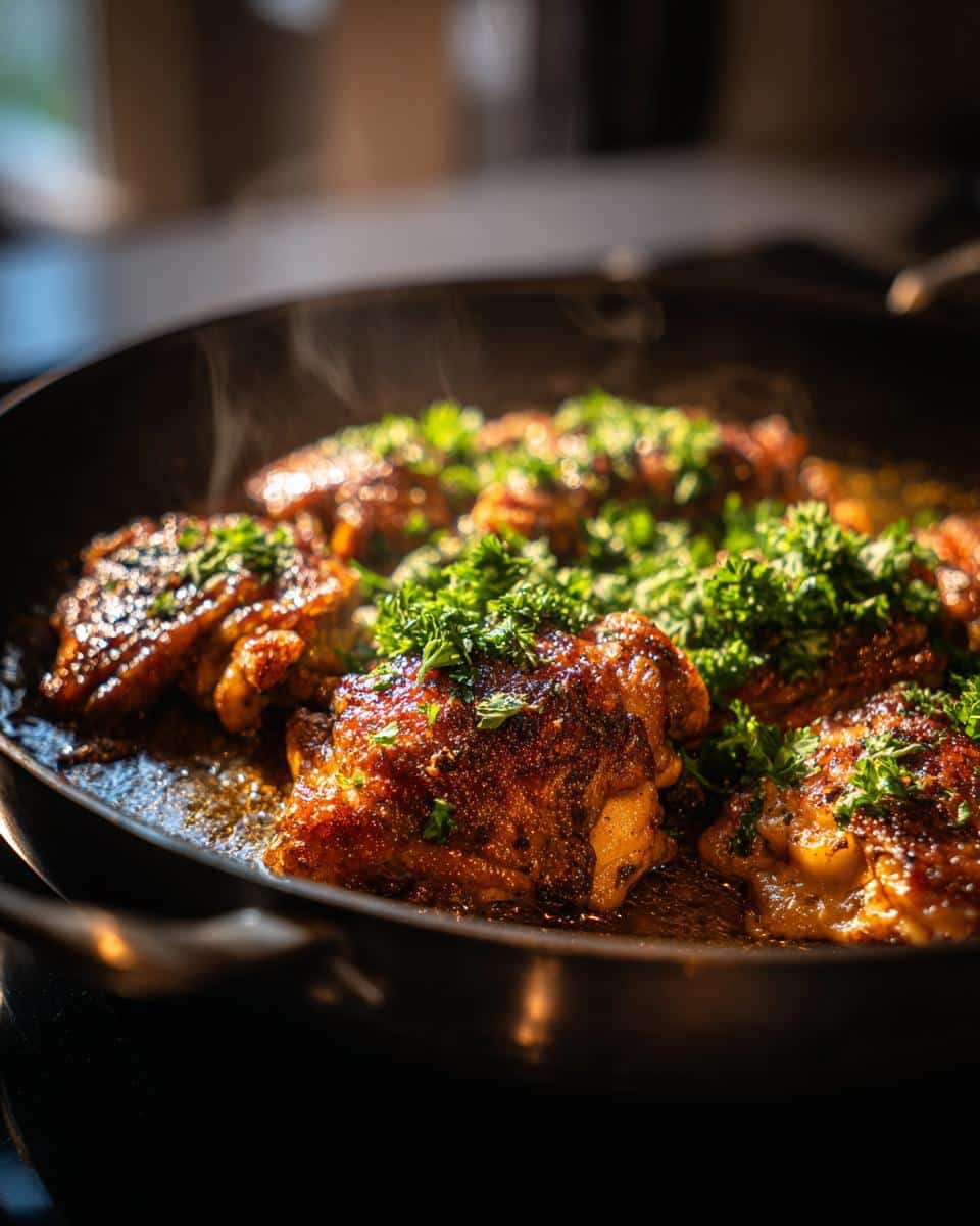 Close-up of juicy Garlic Butter Chicken Thighs sizzling in a pan, garnished with fresh parsley.