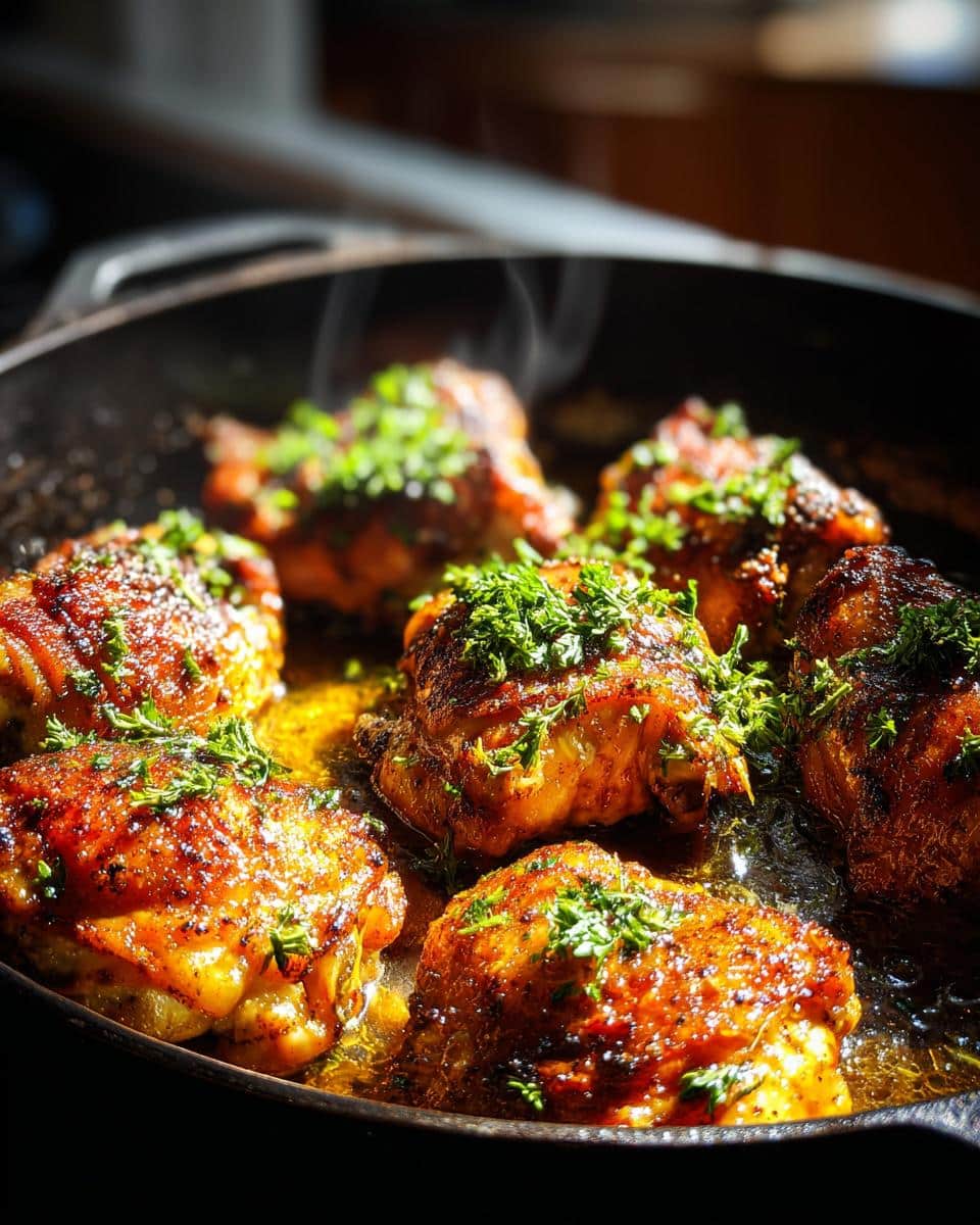 Close-up of juicy Garlic Butter Chicken Thighs sizzling in a cast iron skillet, topped with fresh herbs.