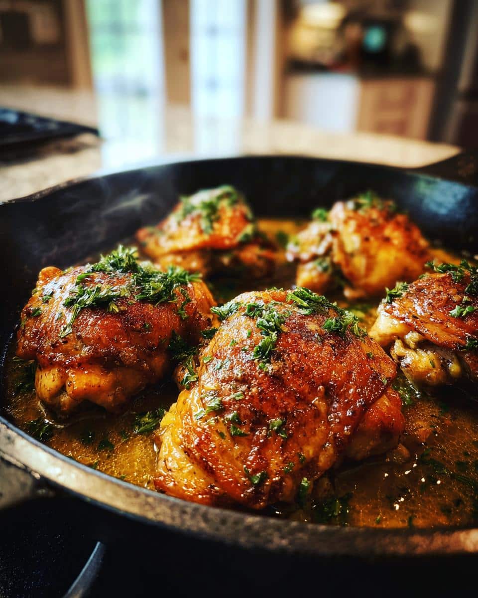 Close-up of several golden-brown Garlic Butter Chicken Thighs sizzling in a cast-iron skillet with herb garnish.