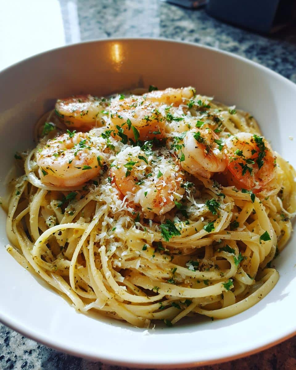 A bowl of Garlic Butter Shrimp Pasta topped with grated Parmesan cheese and fresh parsley.