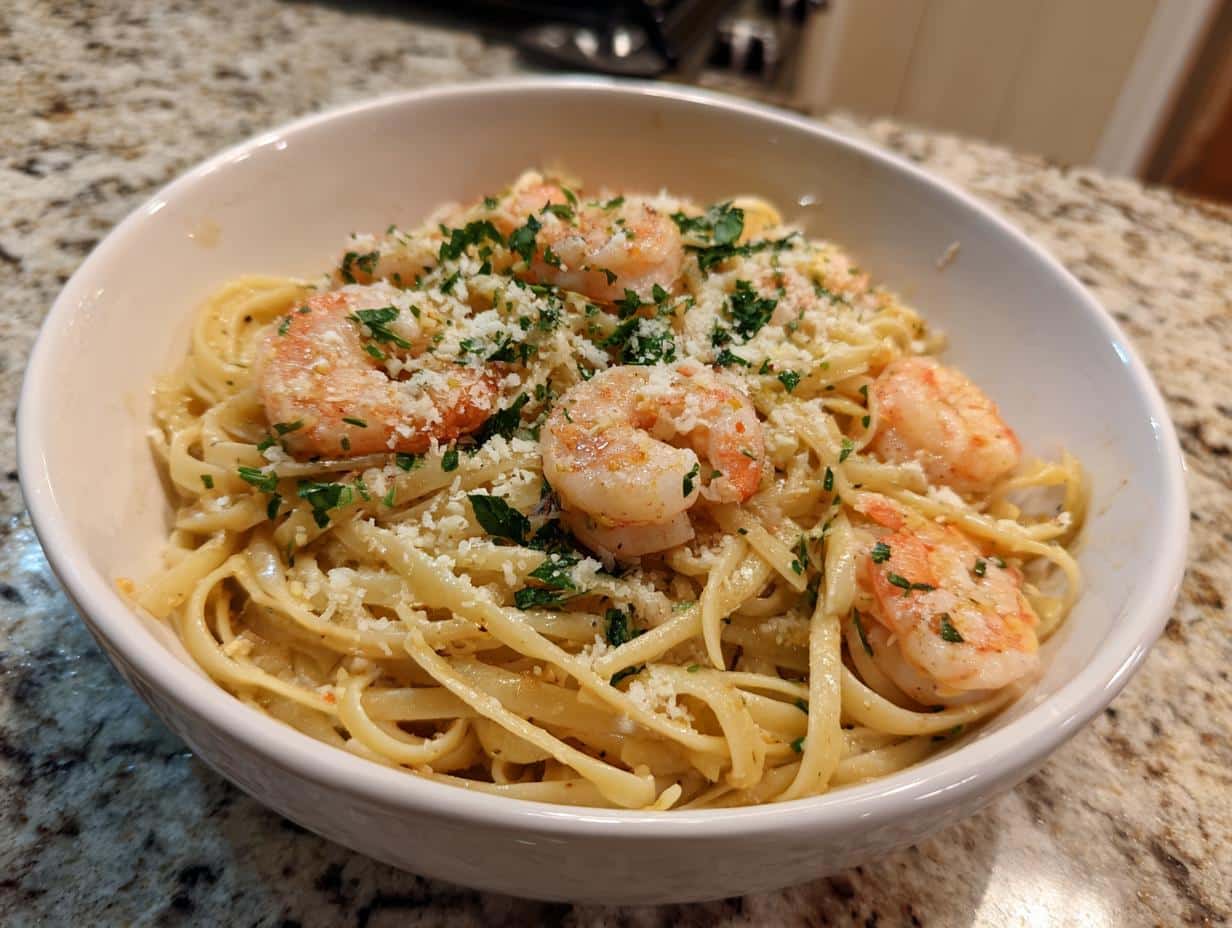 A white bowl filled with Garlic Butter Shrimp Pasta, topped with chopped parsley and grated cheese.