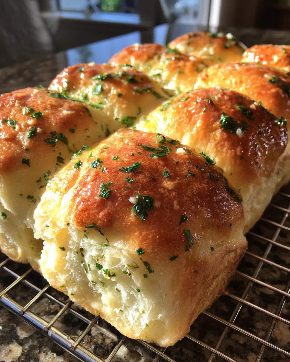 Close-up of golden brown Garlic Herb Parker House Rolls, brushed with butter and sprinkled with fresh parsley.