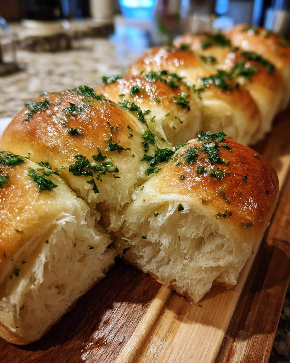Close-up of fluffy Garlic Herb Parker House Rolls, golden brown and topped with fresh parsley.