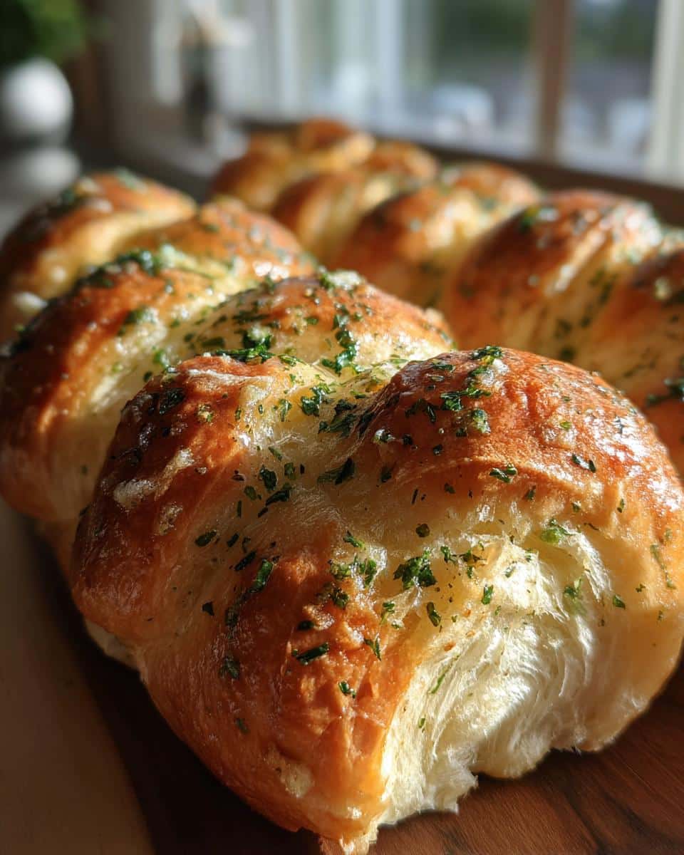 Close-up of golden brown Garlic Herb Parker House Rolls, brushed with butter and sprinkled with fresh parsley.