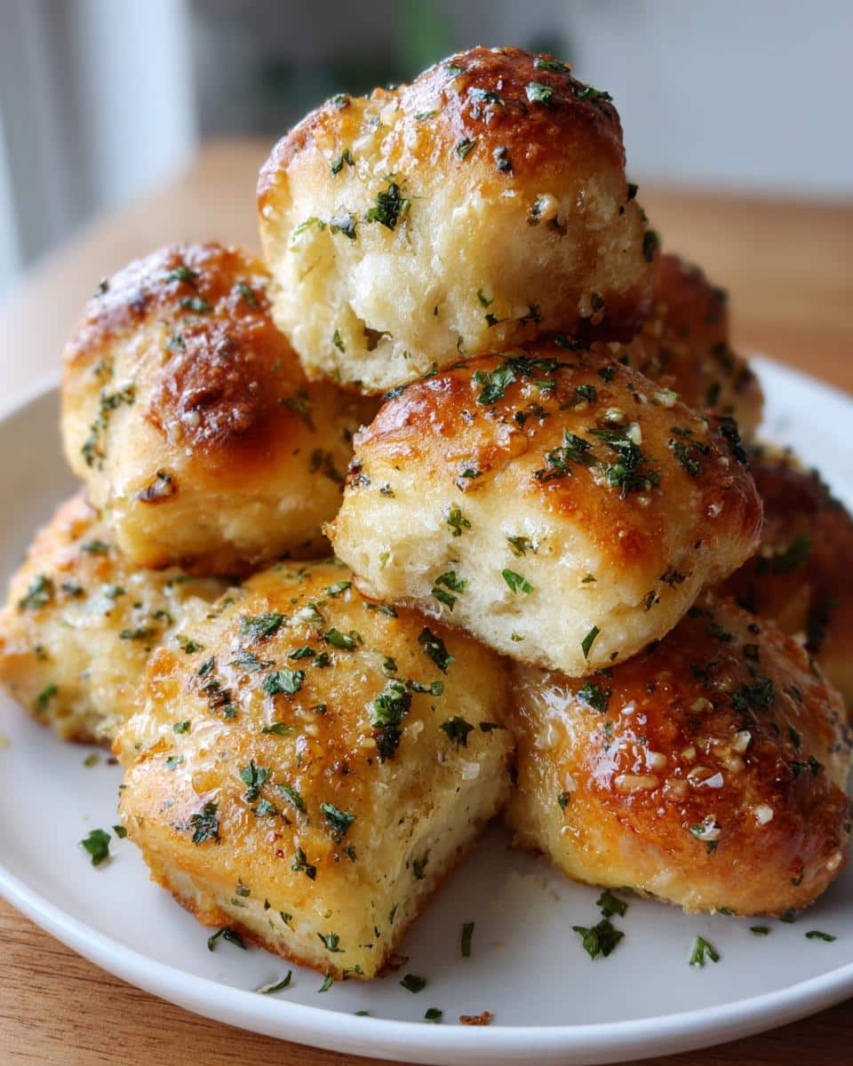 A stack of golden-brown Garlic Knots with Lemon Herb Butter, sprinkled with fresh parsley.