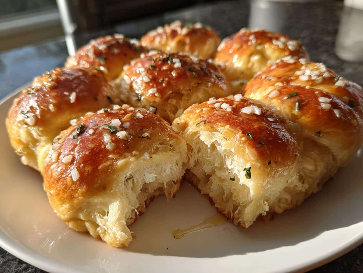 Close-up of freshly baked Garlic Knots with Olive Oil and Sea Salt, glistening and sprinkled with herbs.