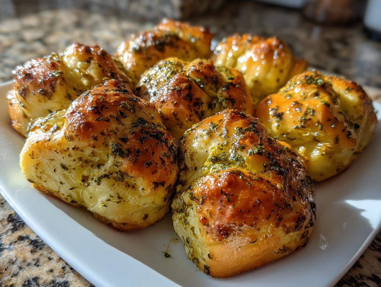 Close-up of golden brown garlic knots with pesto butter and herbs on a white plate.