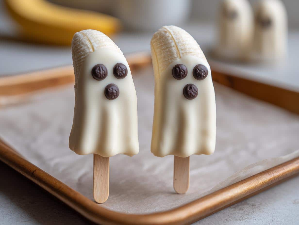 Two Ghostly Banana Pops, made with white chocolate and chocolate chip eyes, on a baking sheet.