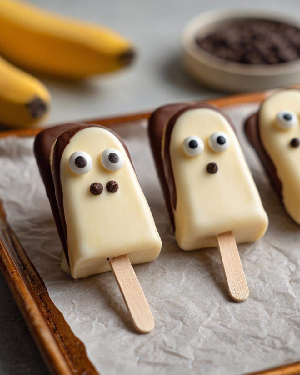 Three spooky 4-ingredient Ghostly Banana Pops on a baking sheet, decorated with candy eyes and chocolate chips.