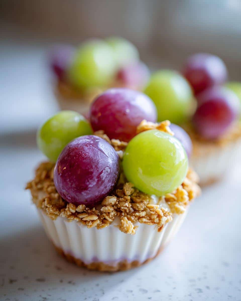 Close-up of a Grape Monster Cup topped with fresh green and red grapes and granola.