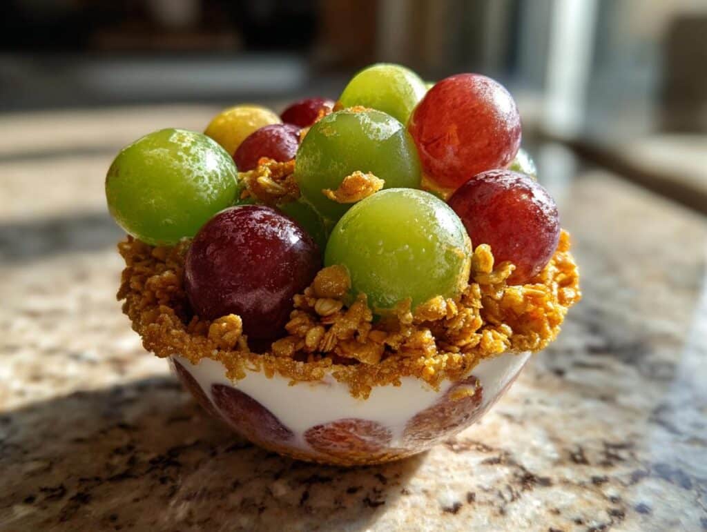 Close-up of a Grape Monster Cup filled with yogurt, granola, and topped with fresh red and green grapes.