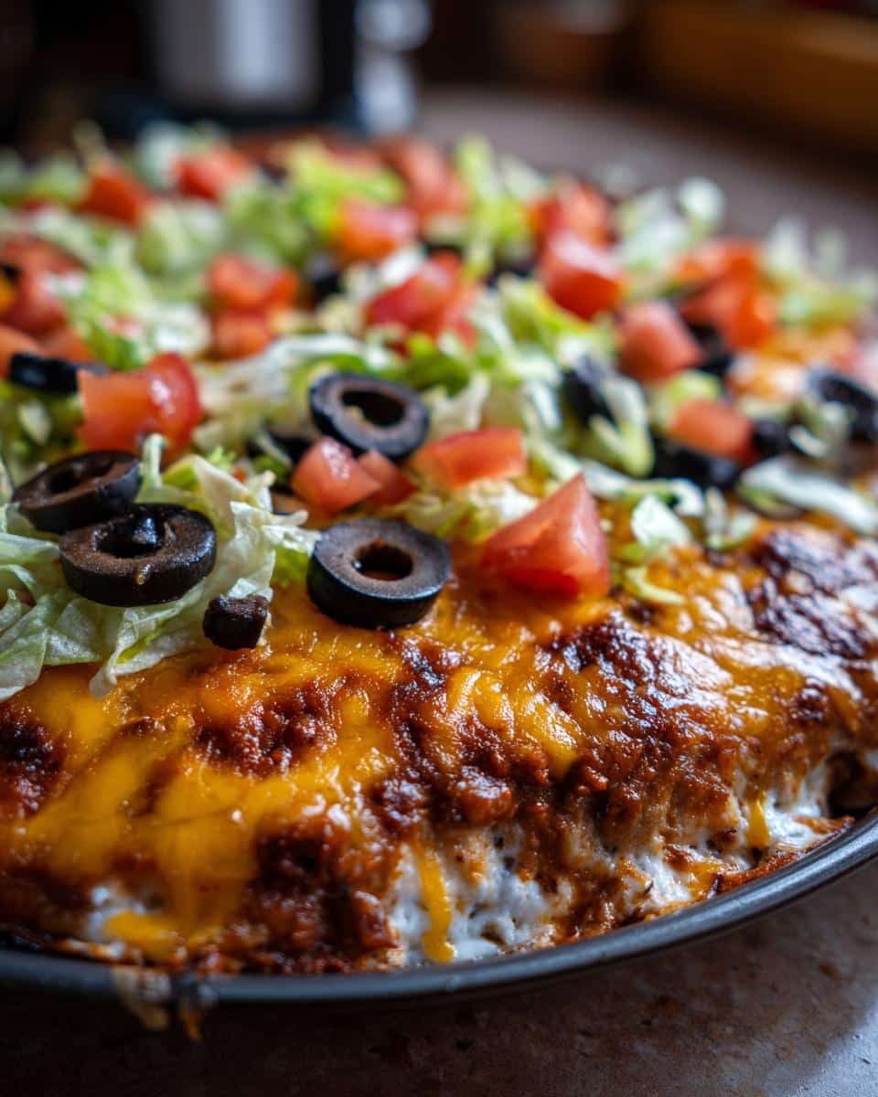 15-Minute Graveyard Taco Dip That Steals Every Party 4 Close-up of a baked Graveyard Taco Dip topped with shredded lettuce, diced tomatoes, and black olives.