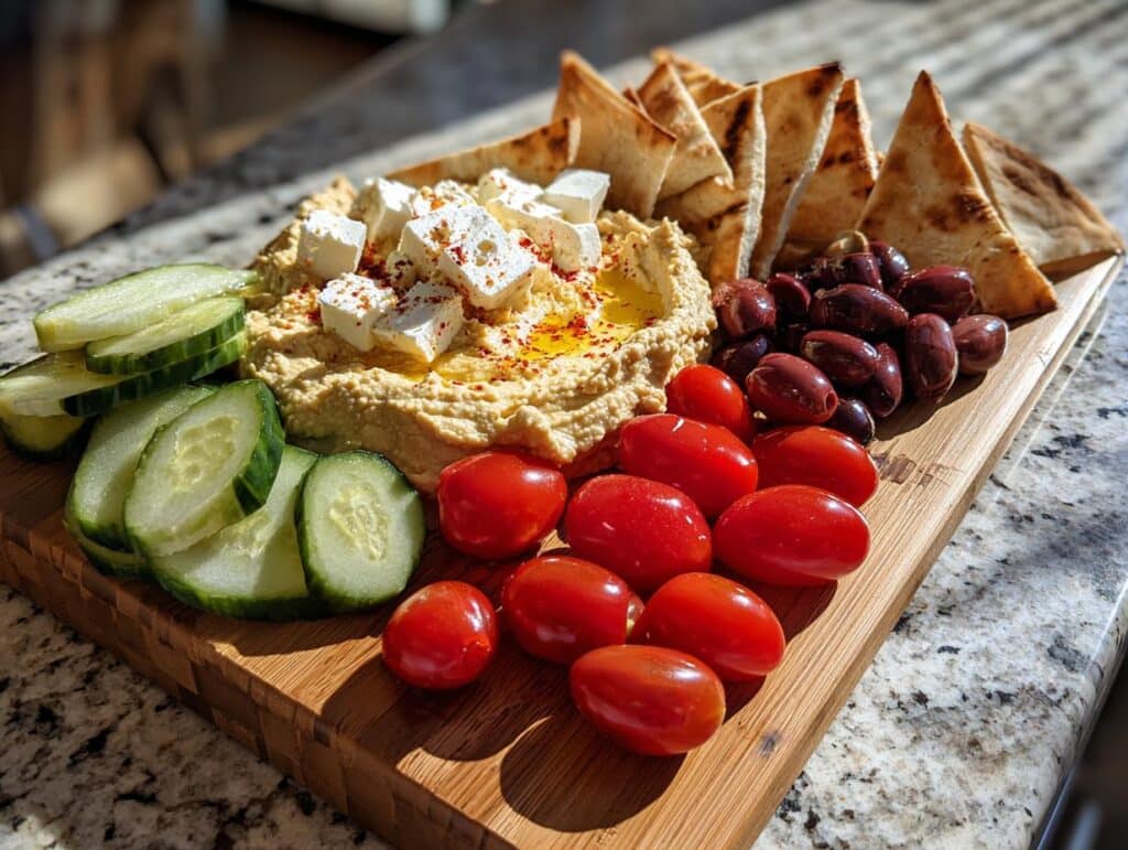 A vibrant Harvest Hummus Board featuring creamy hummus topped with feta, served with pita bread, cucumbers, cherry tomatoes, and olives.
