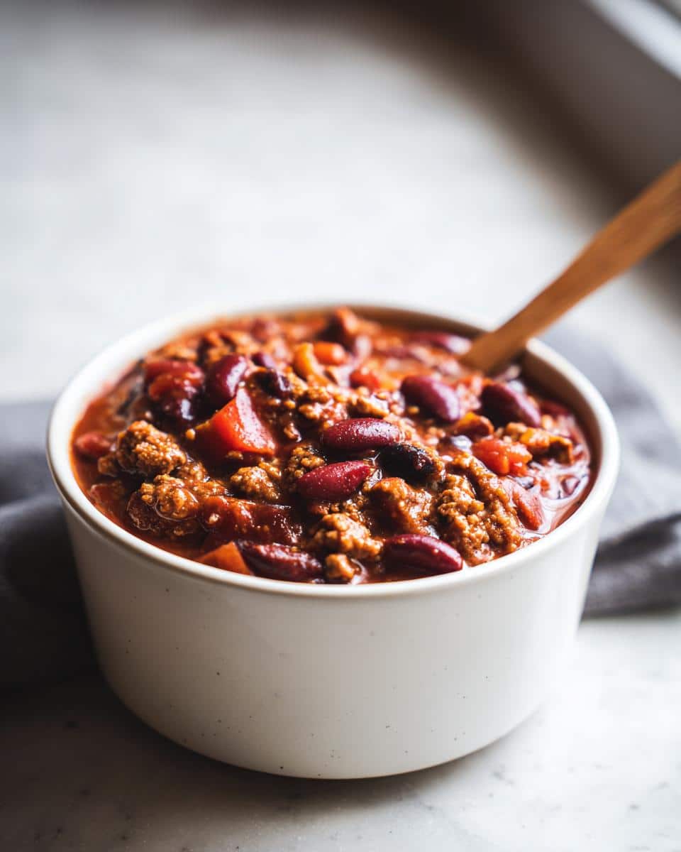 A close-up of a bowl filled with hearty turkey chili, featuring ground turkey, kidney beans, and tomato sauce, with a wooden spoon.