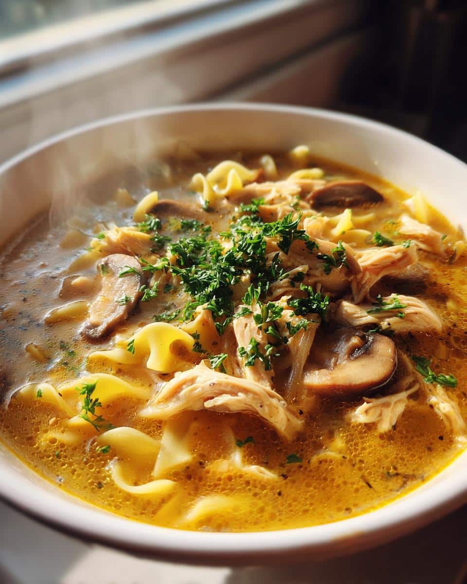 A steaming bowl of Turkey Noodle Soup with Mushrooms, featuring shredded turkey, wide egg noodles, and sliced mushrooms, garnished with fresh parsley.