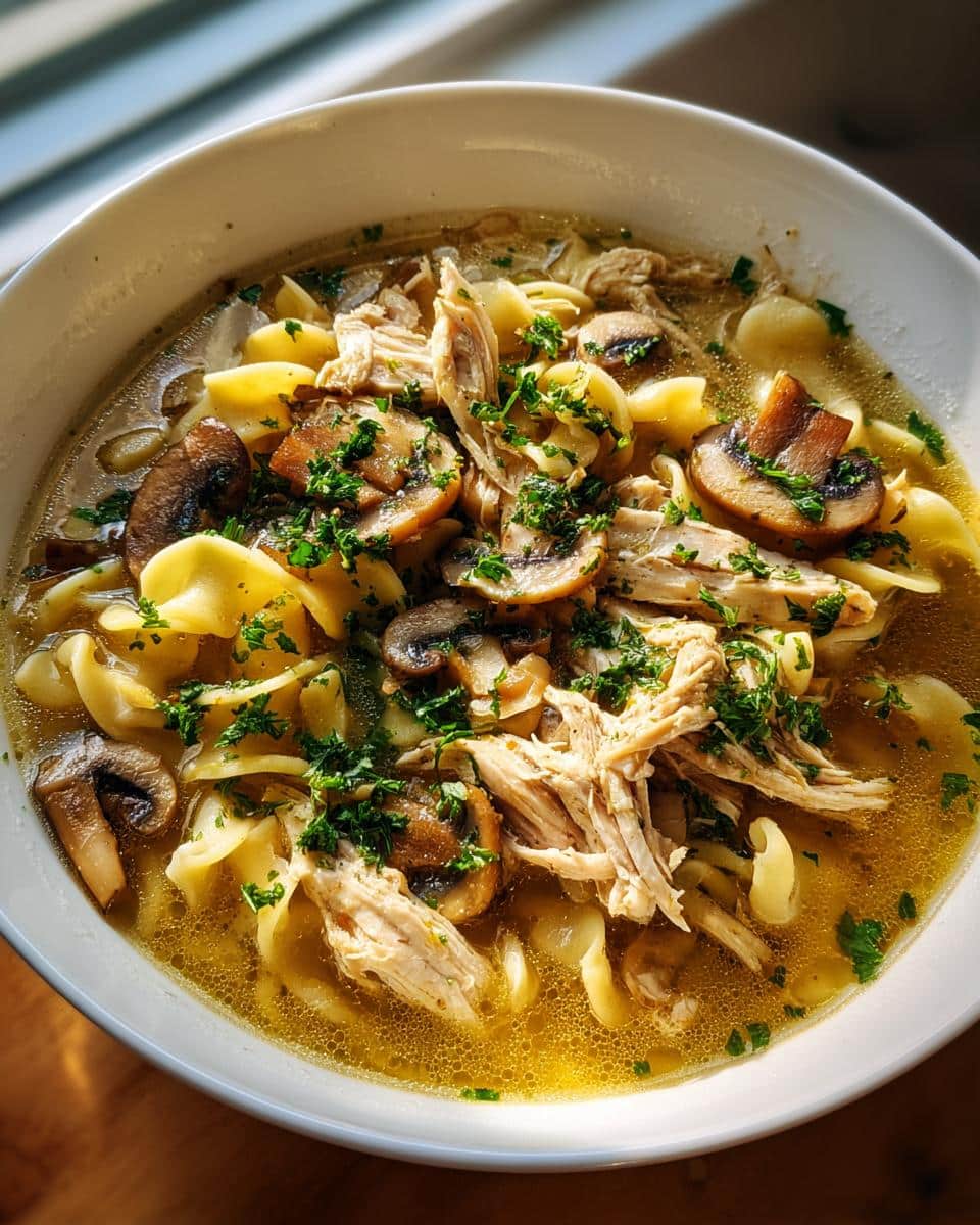 A close-up of a bowl of hearty Turkey Noodle Soup with Mushrooms, featuring shredded turkey, wide egg noodles, and sliced mushrooms, garnished with fresh parsley.