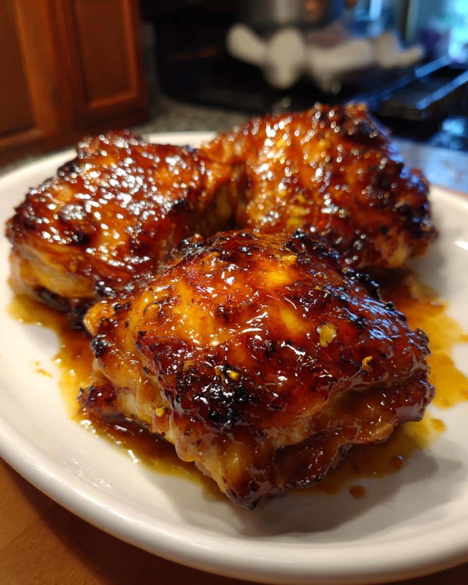 Close-up of three glistening Honey Garlic Chicken Thighs on a white plate, coated in a rich, glossy sauce.