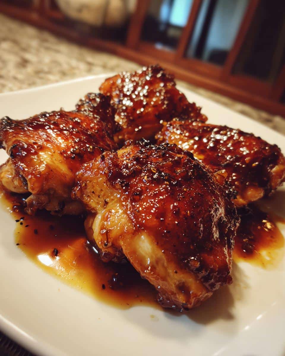 Close-up of four glazed Honey Garlic Chicken Thighs on a white plate, glistening with sauce.