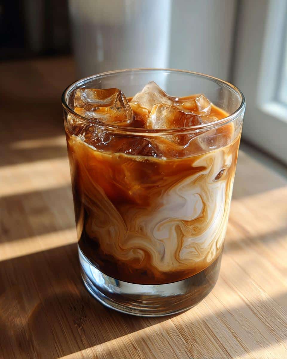 Close-up of an Iced Caramel Macchiato with ice cubes and cream swirling into the coffee.
