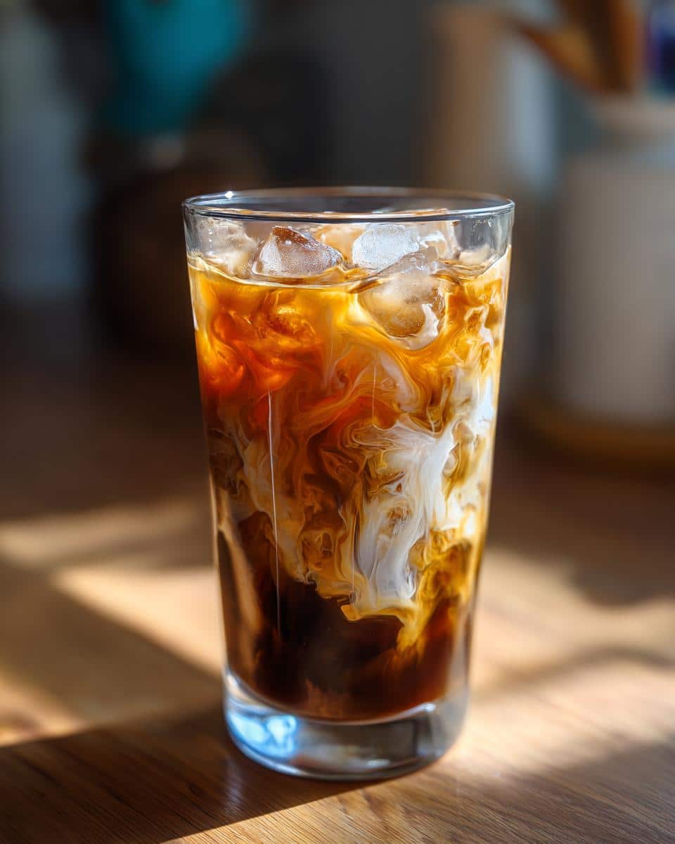 Close-up of a tall glass filled with an Iced Caramel Macchiato, showing swirls of cream and coffee over ice.