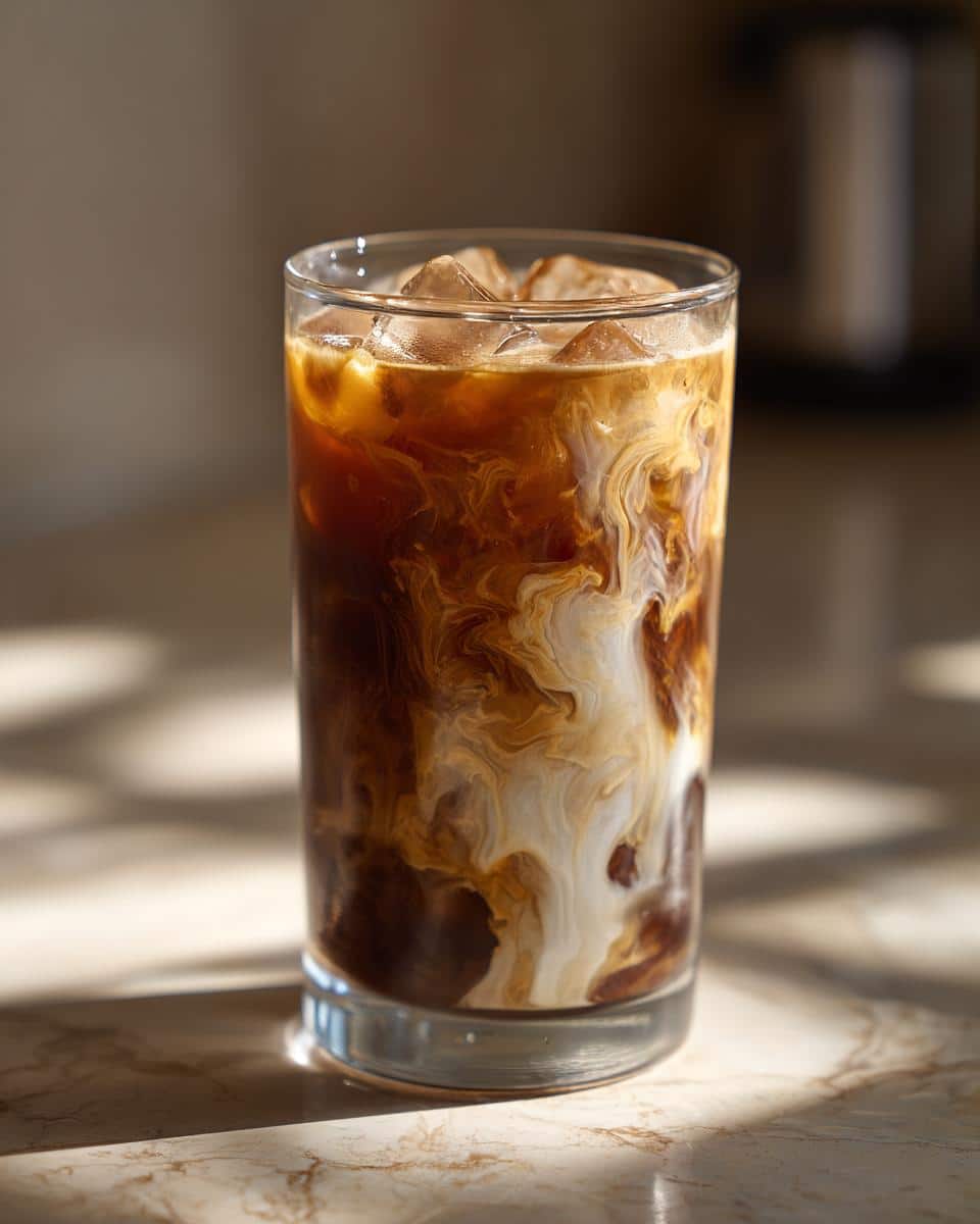 A tall glass filled with ice and an Iced Caramel Macchiato, showing creamy swirls of milk and caramel in dark coffee.
