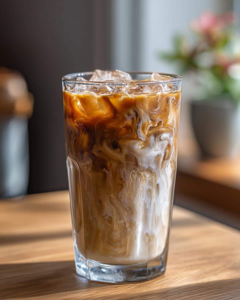 A tall glass filled with an Iced Caramel Macchiato, showing creamy swirls of milk and espresso over ice.