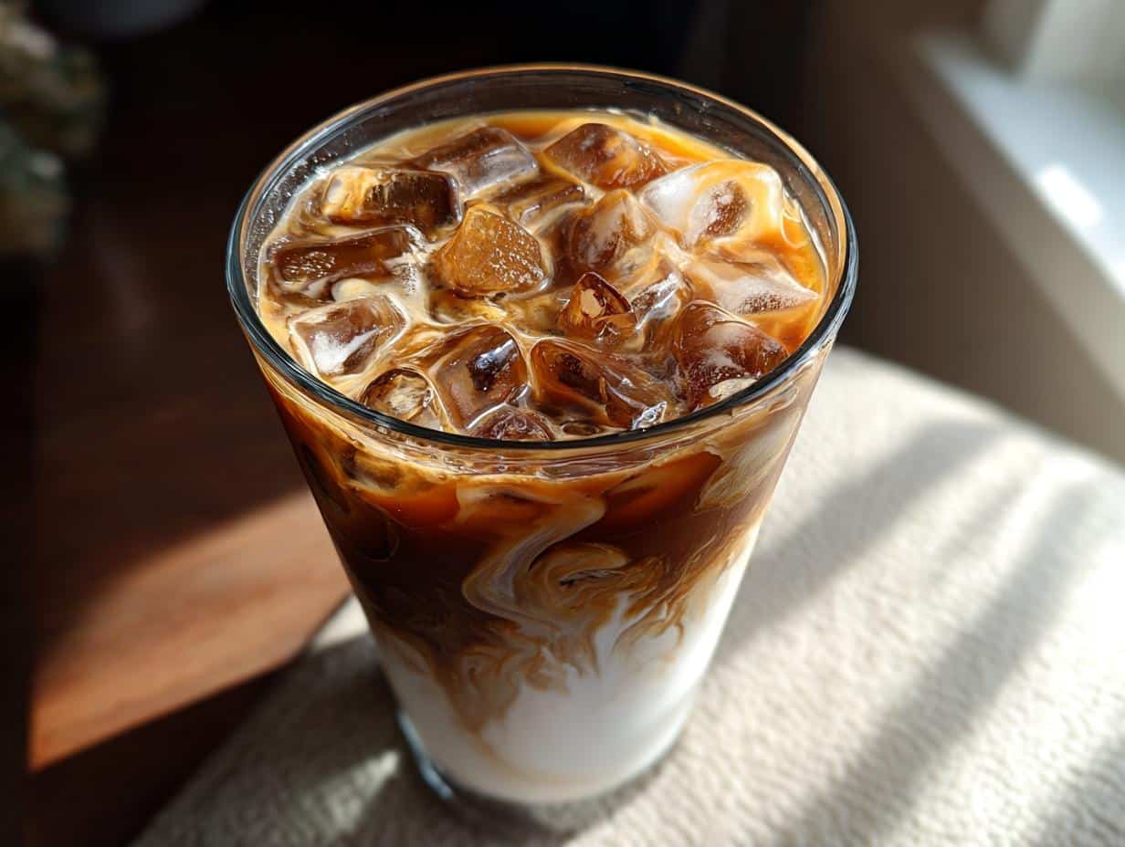 Close-up of a tall glass filled with an Iced Caramel Macchiato, showing swirls of milk and espresso over ice.