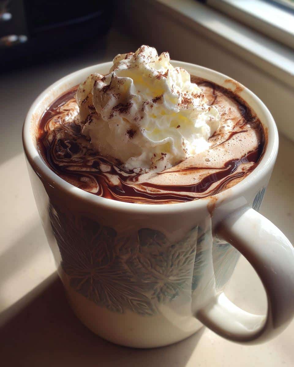 A close-up of a mug filled with Irish Cream Hot Chocolate, topped with whipped cream and a dusting of cocoa powder.