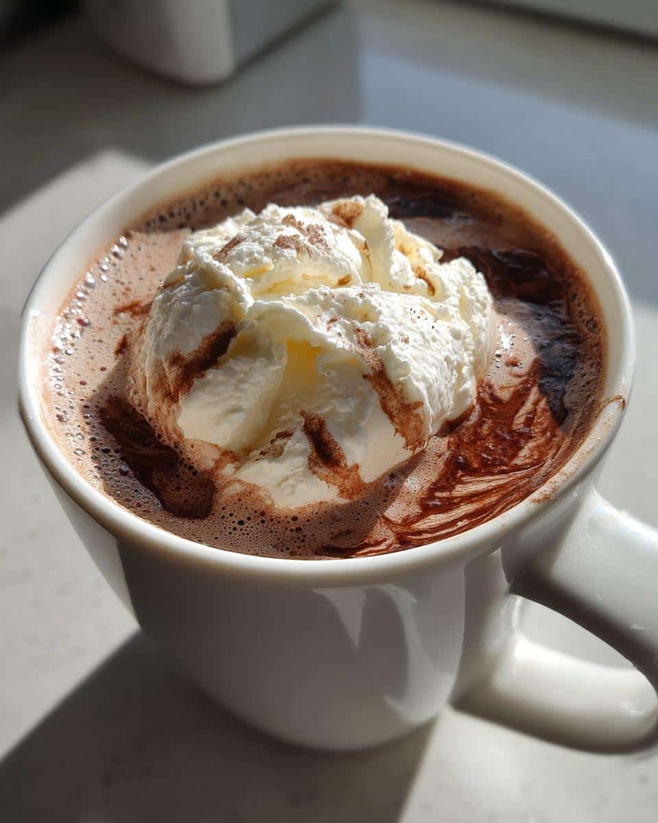 Close-up of a white mug filled with creamy Irish Cream Hot Chocolate, topped with whipped cream and a sprinkle of cocoa.