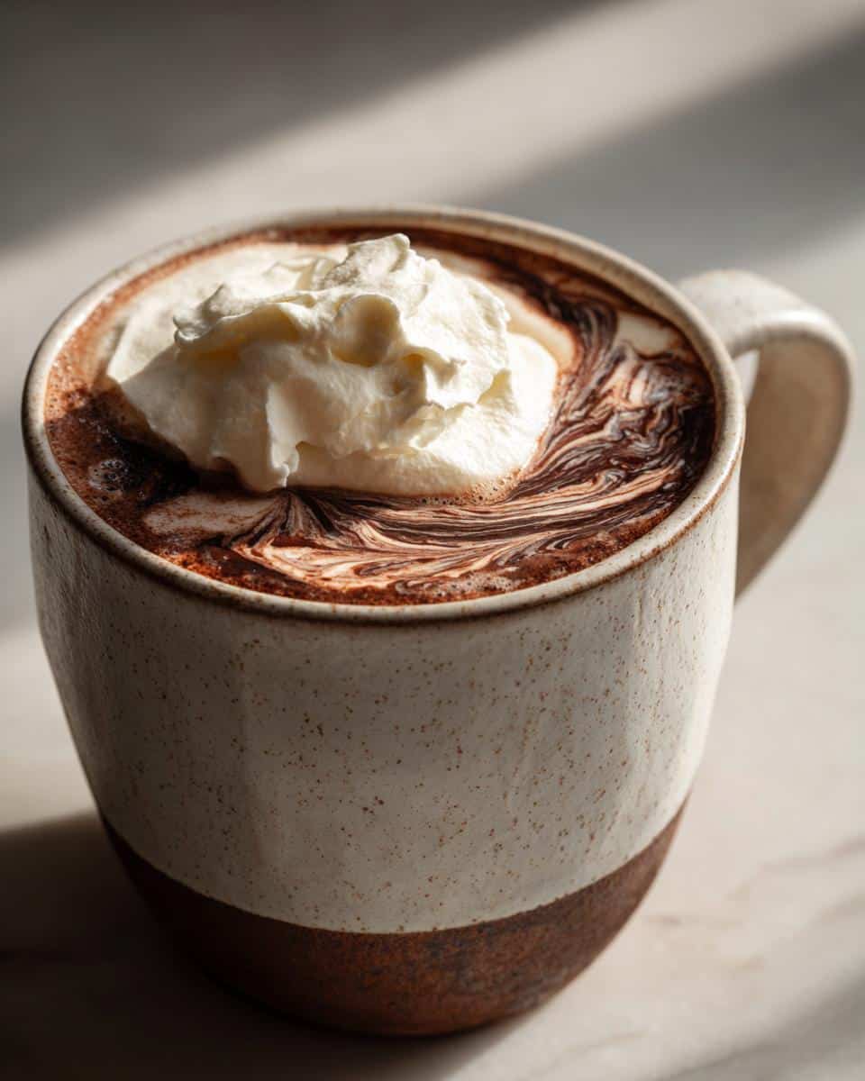 Close-up of a mug filled with creamy Irish Cream Hot Chocolate, topped with whipped cream and swirled chocolate.