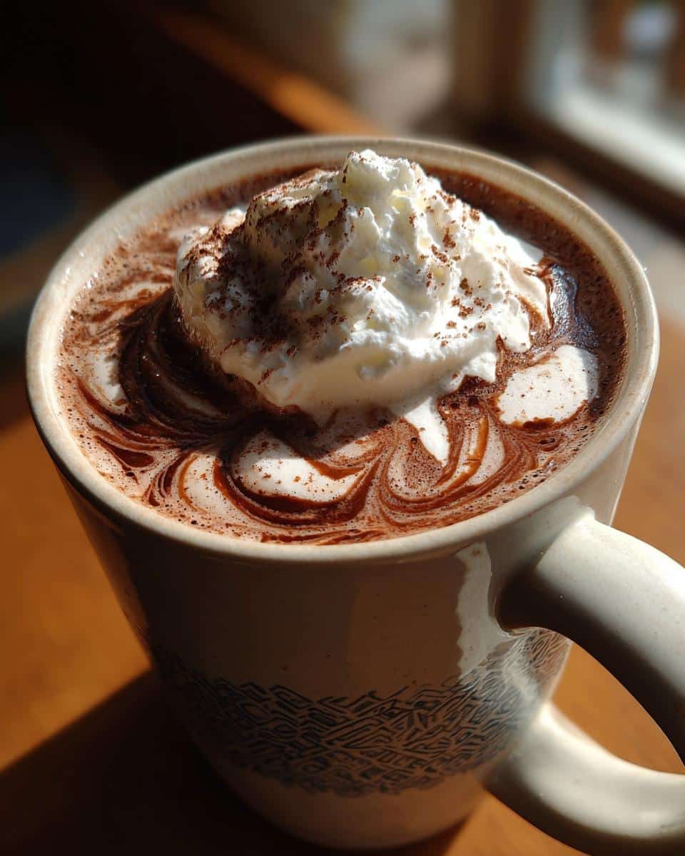 A close-up of a mug filled with Irish Cream Hot Chocolate, topped with whipped cream and a dusting of cocoa powder.