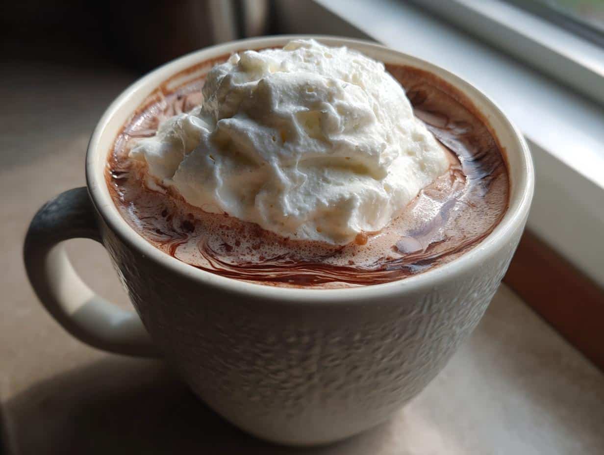 A close-up of a mug filled with creamy Irish Cream Hot Chocolate, topped with a generous swirl of whipped cream.