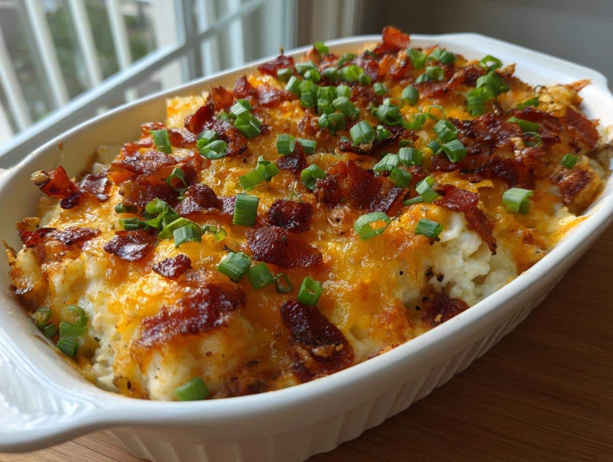 A close-up of an Irresistible Crack Chicken Casserole topped with melted cheese, crispy bacon, and green onions.