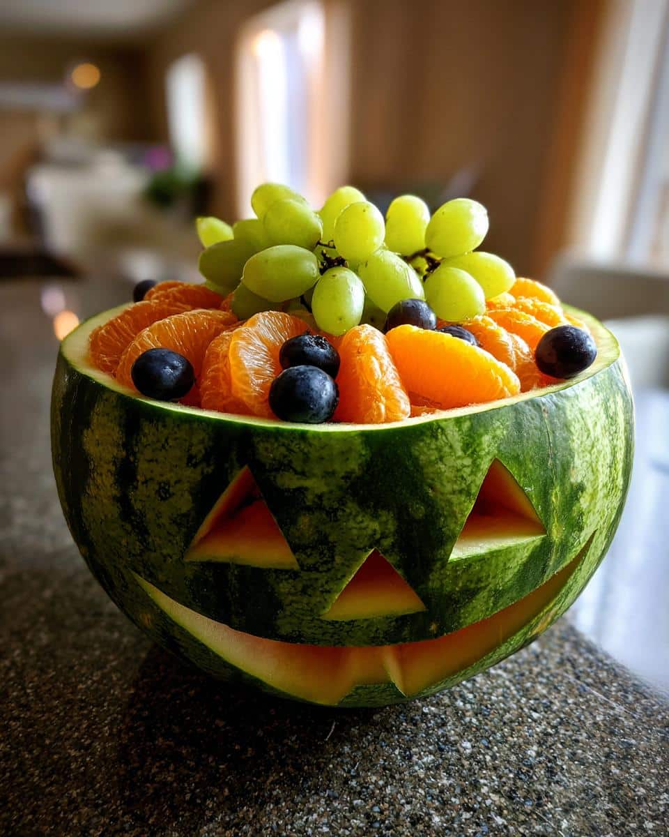 A carved watermelon in the shape of a Jack O Lantern filled with grapes, orange slices, and blueberries for a Jack O Lantern Fruit Platter.