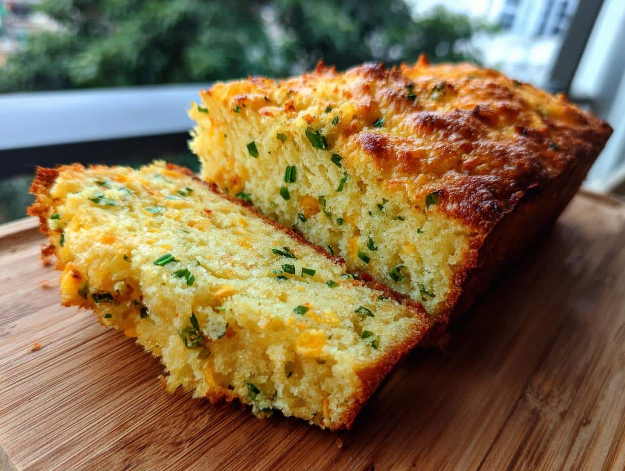 A freshly baked Jalapeno Cheddar Cornbread loaf, with one slice cut, showing visible cheddar cheese and green herbs.