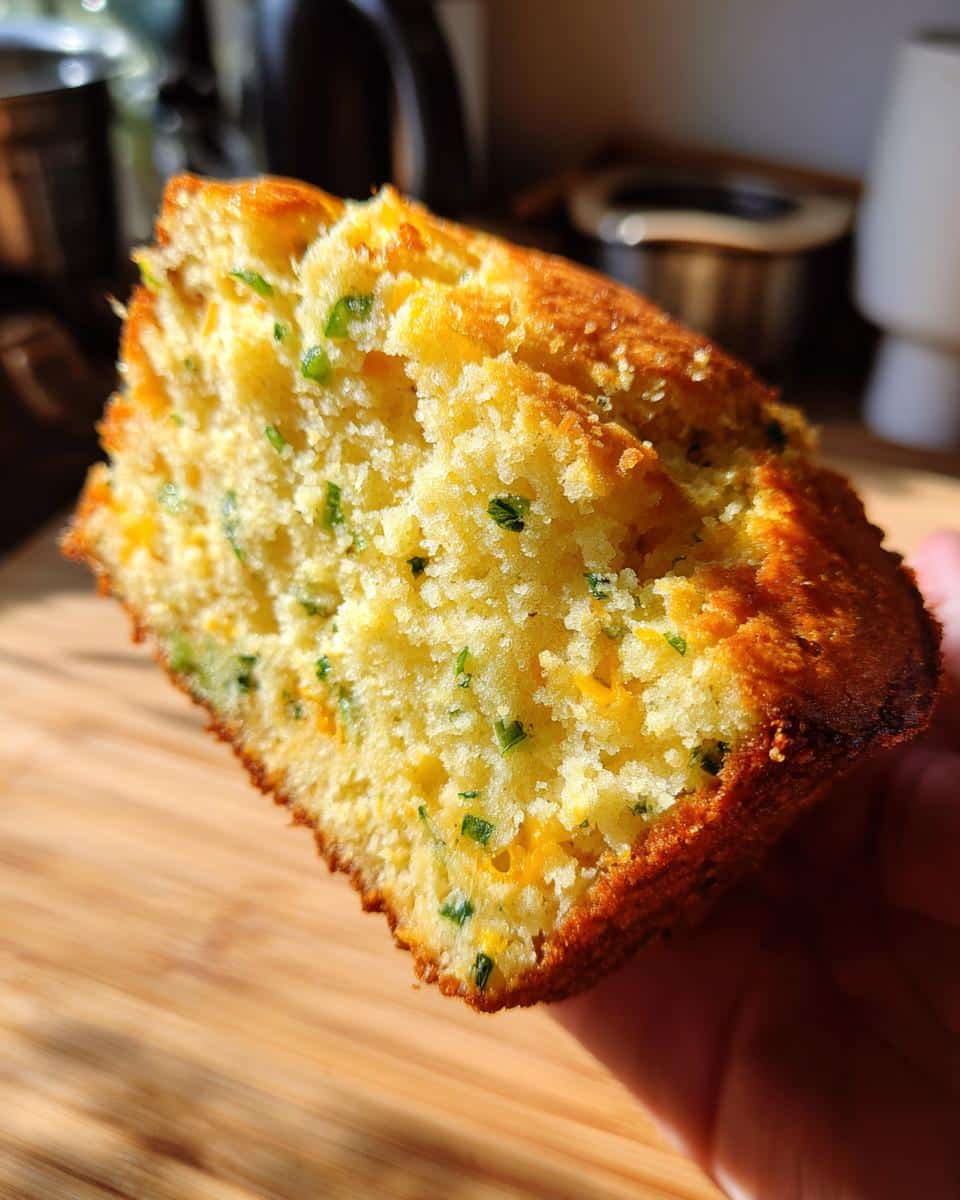 A close-up of a moist slice of Jalapeno Cheddar Cornbread, showing melted cheddar cheese and green jalapeno pieces.