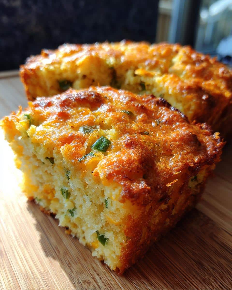 A close-up of a slice of moist Jalapeno Cheddar Cornbread, showing visible chunks of cheese and green jalapenos.