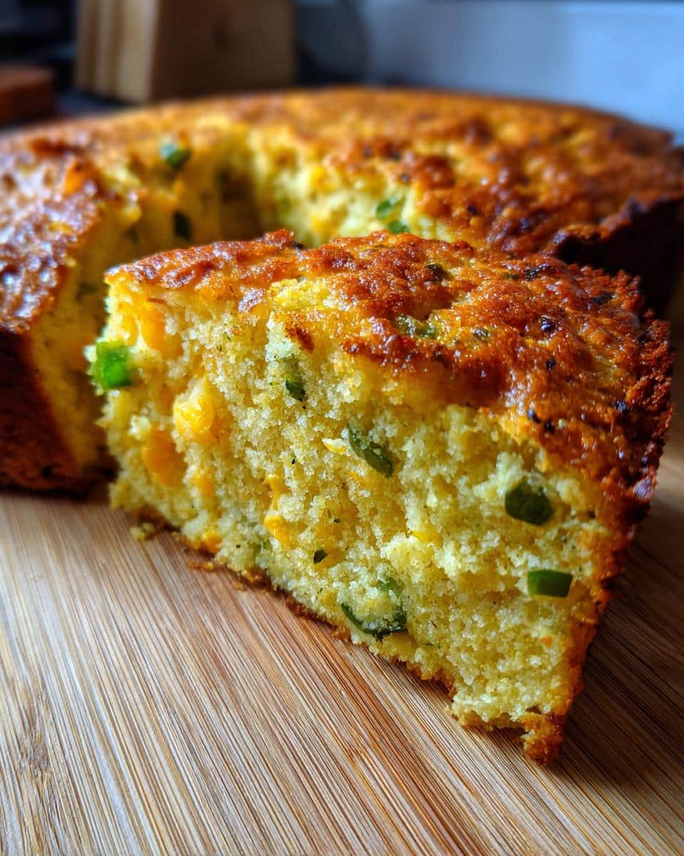 A close-up of a slice of moist Jalapeno Cheddar Cornbread, showing visible pieces of jalapeno and cheddar cheese.