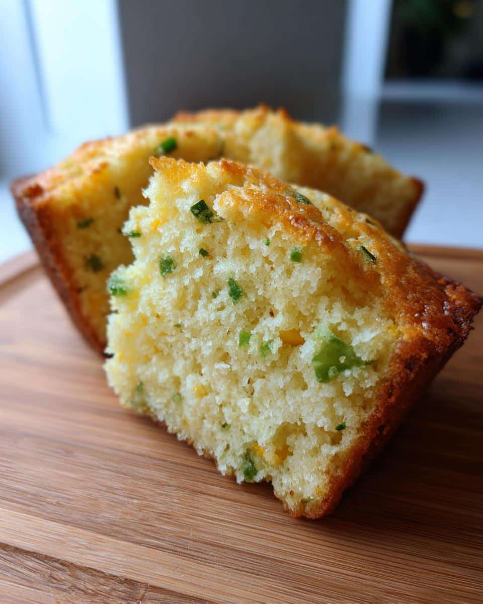 Close-up of two slices of moist Jalapeno Cheddar Cornbread on a wooden board, showing green jalapeno pieces and yellow cheddar.