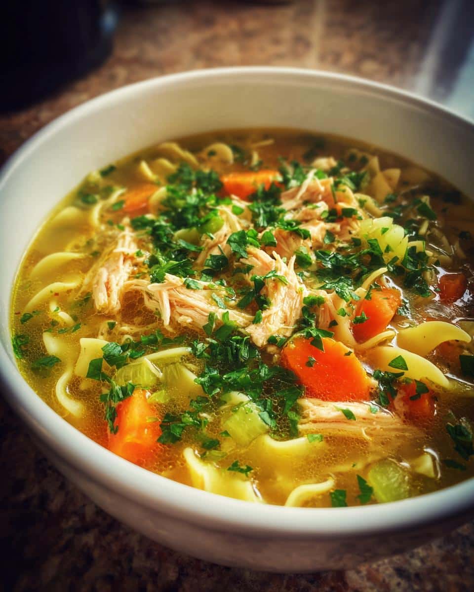 A close-up of hearty Leftover Turkey Noodle Soup with Herbs, featuring shredded turkey, wide noodles, carrots, celery, and fresh parsley.