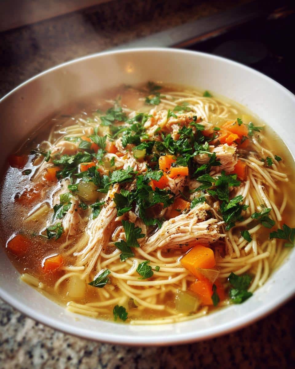 A steaming bowl of Leftover Turkey Noodle Soup with Herbs, filled with noodles, shredded turkey, carrots, and fresh parsley.