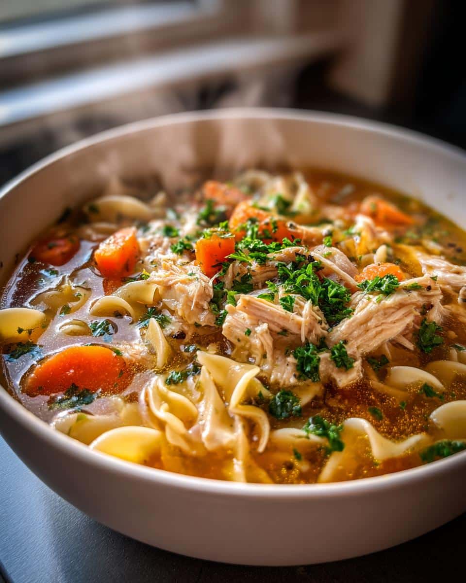 A steaming bowl of Leftover Turkey Noodle Soup with Herbs, featuring shredded turkey, wide egg noodles, and carrots, garnished with fresh parsley.
