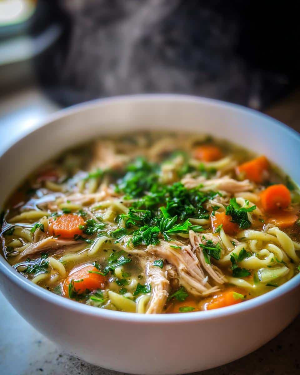 A steaming bowl of Leftover Turkey Noodle Soup with Herbs, featuring shredded turkey, noodles, carrots, and fresh parsley.