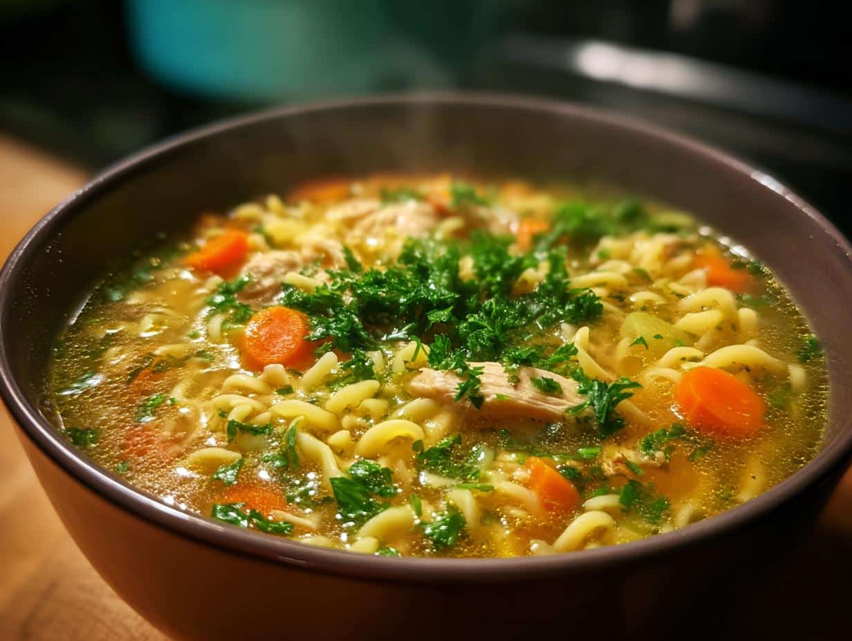A close-up of a steaming bowl of Leftover Turkey Noodle Soup with Herbs, featuring noodles, turkey, carrots, and fresh parsley.