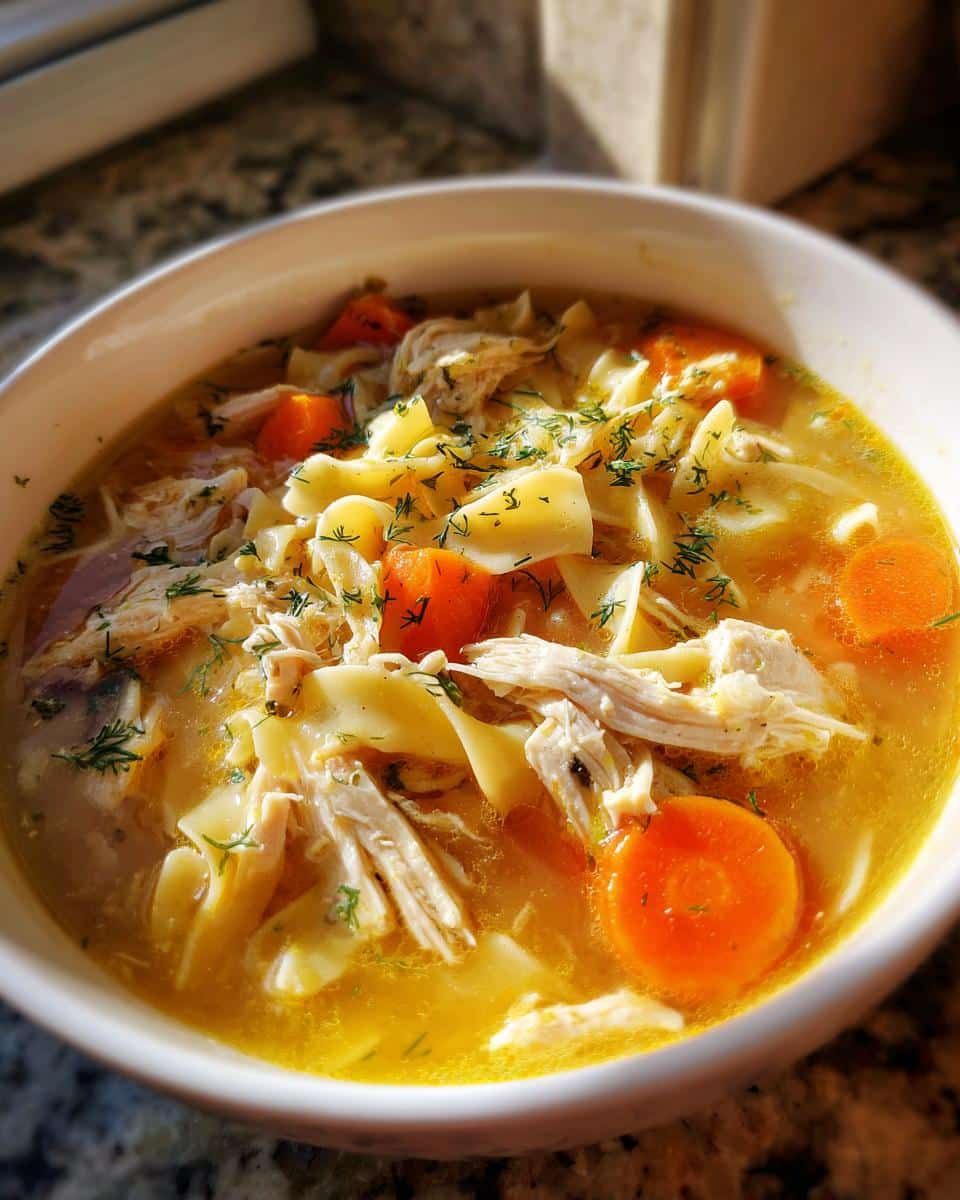 A close-up bowl of Lemon Dill Turkey Noodle Soup, featuring shredded turkey, wide egg noodles, and bright orange carrot slices, garnished with fresh dill.