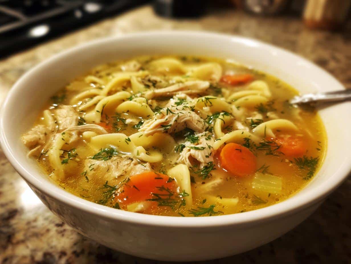 A close-up of a steaming bowl of Lemon Dill Turkey Noodle Soup, filled with noodles, turkey, carrots, and fresh dill.