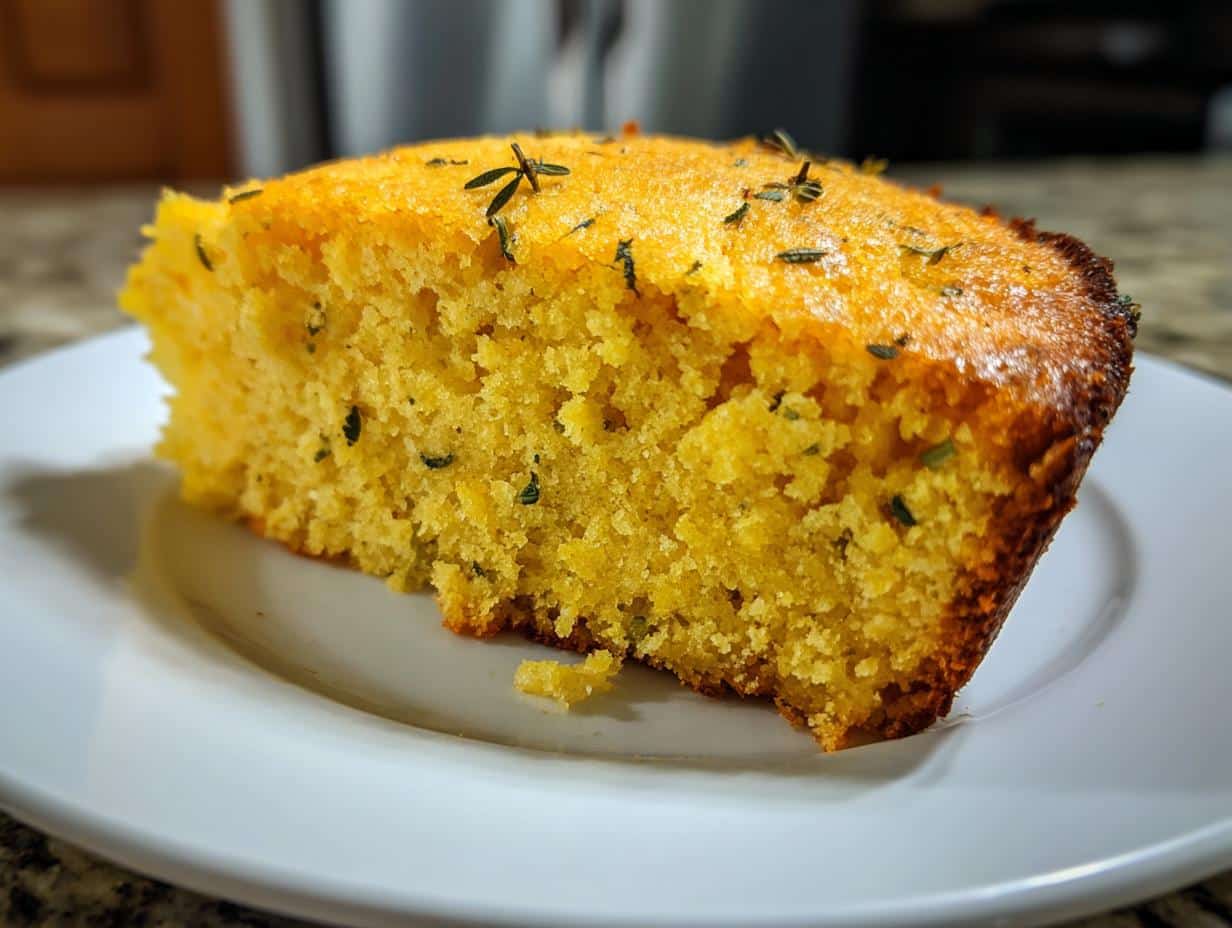 A close-up of a slice of golden Maple Cornbread with Sage, showing its crumb and herbs.