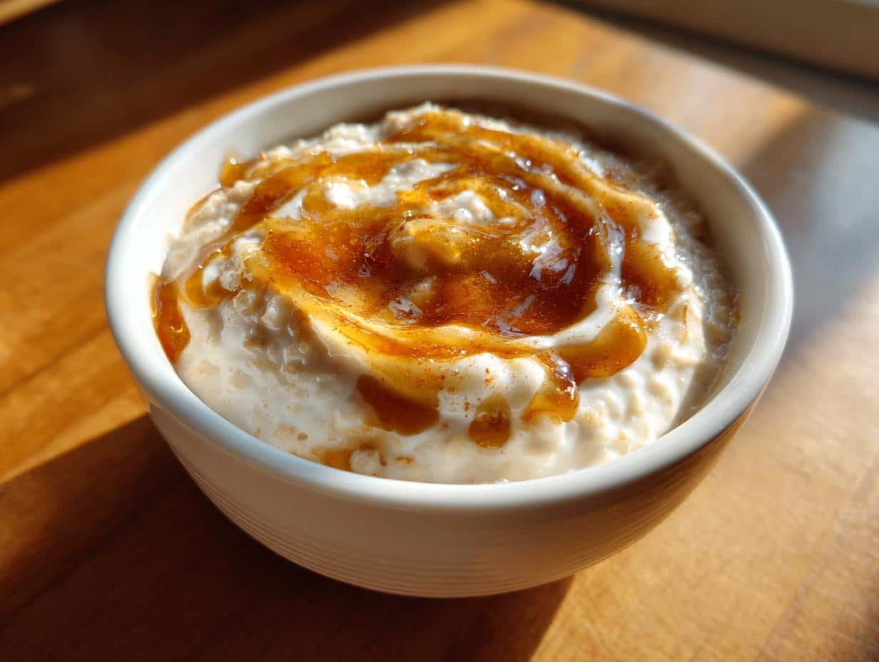 A close-up of a white bowl filled with creamy Maple Oatmeal, drizzled with golden maple syrup.